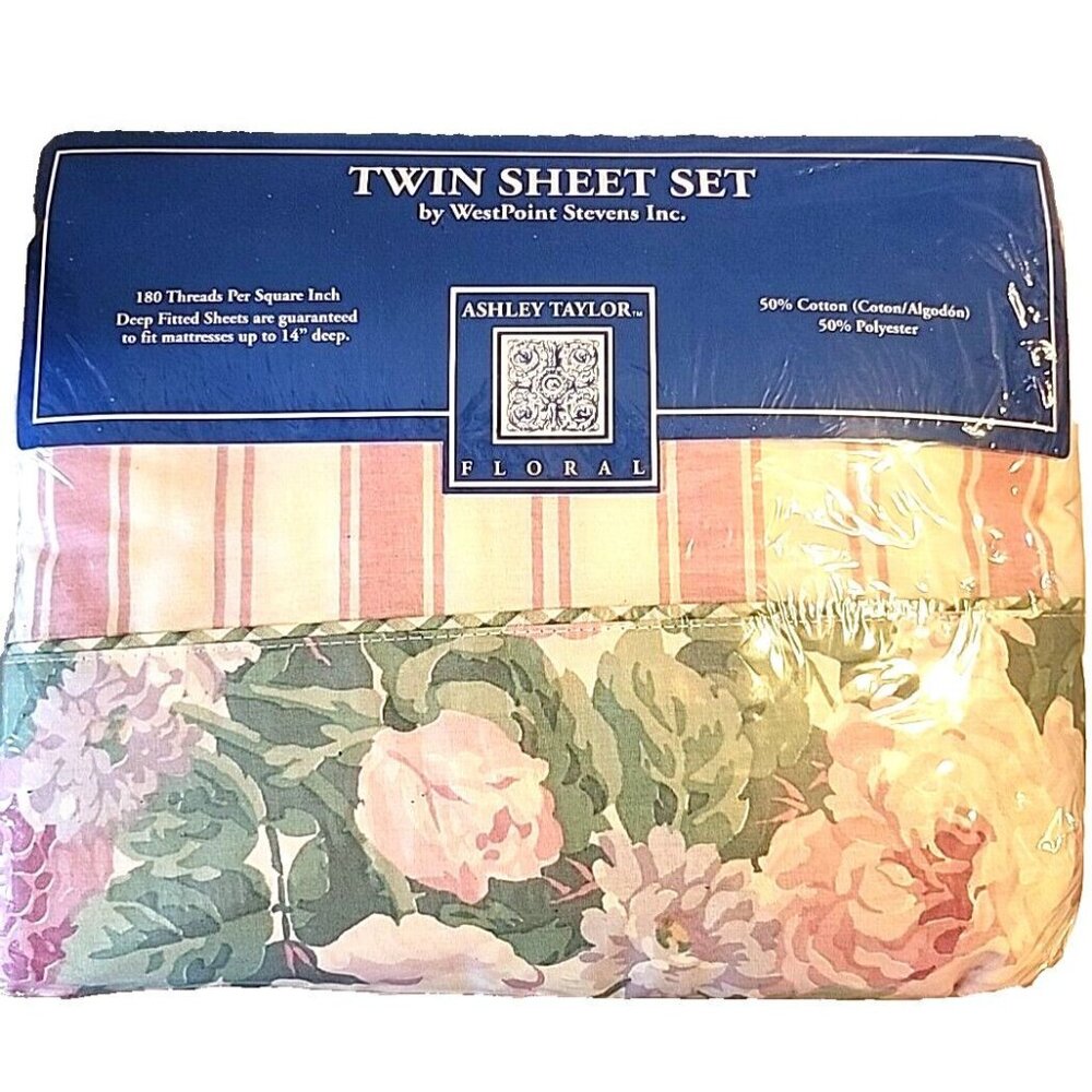 Vintage Twin Sheet Set by WestPoint Stevens Pink Floral Stripes Sealed Package